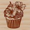 A colorful illustration of a cupcake with floral decorations on top.