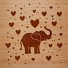Colorful Elephant Silhouette A large elephant standing on four legs, surrounded by small love hearts in various colors.