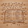 Illustrated book design featuring love hearts and educational elements.