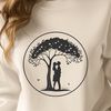 Couple's Tree Hug Clip Art An illustration of a couple embracing under the branches of a tree, symbolizing love and affection.