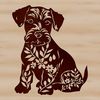 Small Breed Dog Clip Art Design A small breed dog sitting on the ground with a subtle floral pattern in the background.
