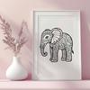 A detailed illustration of a large elephant with a gray body and tusks.