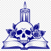 Gothic Skull with Candle Flame and Rose A dark, detailed illustration of a skull surrounded by a candle flame, a book, and a rose.