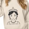 A stylized illustration of a young princess with a crown and royal attire.