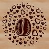 A stylized illustration of a coffee bean surrounded by heart symbols.