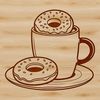 A colorful illustration of a single glazed donut on a saucer next to a coffee cup.