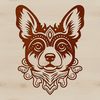 A close-up of a corgi's head with intricate details.