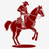 A cowboy standing on horseback, dressed in classic western attire.
