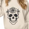 Gothic Skull Design with Floral Motif A stylized gothic skull design featuring intricate details and a floral rose motif.