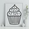 A detailed illustration of a single serving-sized cupcake with colorful frosting and sprinkles.