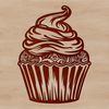 A digital illustration of a single chocolate cupcake with creamy frosting on top.