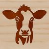 A stylized illustration of a cow's head with distinctive features.