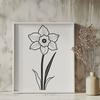 An isolated graphic representation of a blooming daffodil plant with trumpet-shaped blooms and green foliage.