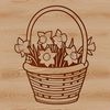 A single daffodil flower placed in a woven basket, surrounded by foliage.