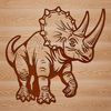 A prehistoric triceratops dinosaur with three distinctive horns on its head.