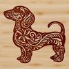 Cute Canine Companion in Whimsical Floral Surrounds A small breed dog with a long body, standing upright on its hind legs, surrounded by floral patterns.