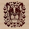 Happy Boston Terrier SVG Clip Art A simple illustration of a happy Boston Terrier with heart symbols surrounding its head.
