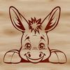 A simple illustration of a donkey's head peeking out from behind a tree.