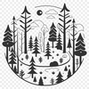 A vector illustration of a dense forest with multiple tree silhouettes against a blurred background.