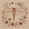 A colorful illustration of a dragonfly in flight above a floral pattern.