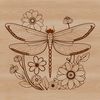 An intricately designed graphic representation of a dragonfly set against a floral background.