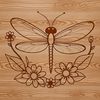 A colorful illustration of a dragonfly perched on a delicate floral stem.