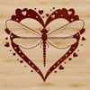 A stylized dragonfly illustration featuring love hearts.