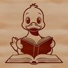 A simple illustration of a duck sitting on the edge of a reading book, with a relaxed expression.
