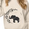 Vector illustration of a single elephant in a floral patterned background.