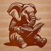 An illustration of a sitting elephant holding a book in its trunk.