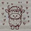 Adorable Highland Cattle Illustration with Love Hearts A highland cow standing on a green grassy background with heart shapes surrounding it.