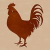 A detailed illustration of a rooster standing on a farm yard with a background of rolling hills.