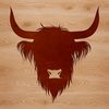 A black-and-white illustration of a Highland Cow's head with distinctive horns.