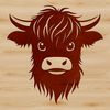 A detailed illustration of a Highland Cow's head, featuring distinctive horns and fur texture.