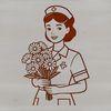 Female nurse in a white uniform with floral pattern.