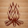 A realistic illustration of a camp fire burning with flames in the great outdoors.