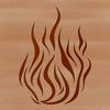 A stylized illustration of a burning flame with curved and twisted shapes.
