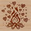 A camp fire illustration featuring flames with love hearts in the design.