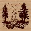 A digital illustration of a camp fire with flames burning in a ring of stones.