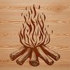 A stylized illustration of a campfire in a natural outdoor setting, flames rising from the center.