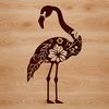 A stylized illustration of a pink flamingo standing on one leg in a savannah or grassland setting.
