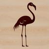 A colorful flamingo standing in shallow water, its long neck bent as it searches for food.