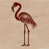 A colorful illustration of a standing flamingo with long legs and feathers.
