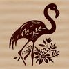 A stylized illustration of a flamingo standing on one leg in a serene natural setting.