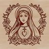 Floral Wreath Iconography A stylized illustration of the Sacred Heart of Mary, adorned with floral elements and symbolic motifs.