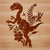 A colorful illustration of a prehistoric dino surrounded by ornate floral patterns.