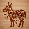A standing donkey with ornate floral elements and love hearts in the background.