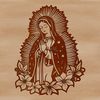 A digital depiction of Our Lady, Virgin Mary, surrounded by symbolic motifs.