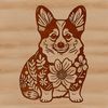 Illustrated Welsh Corgi sitting in front of a floral background.