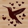 A colorful illustration of a hummingbird in flight, surrounded by heart shapes, created as vector art.